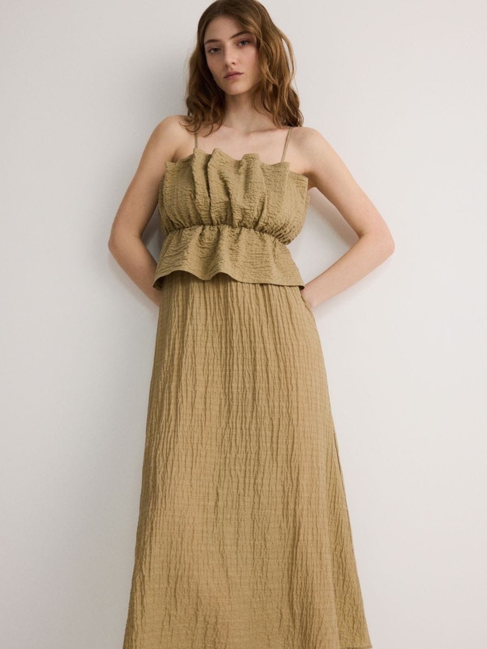 Reserved Olive Green Crinkled Maxi Dress